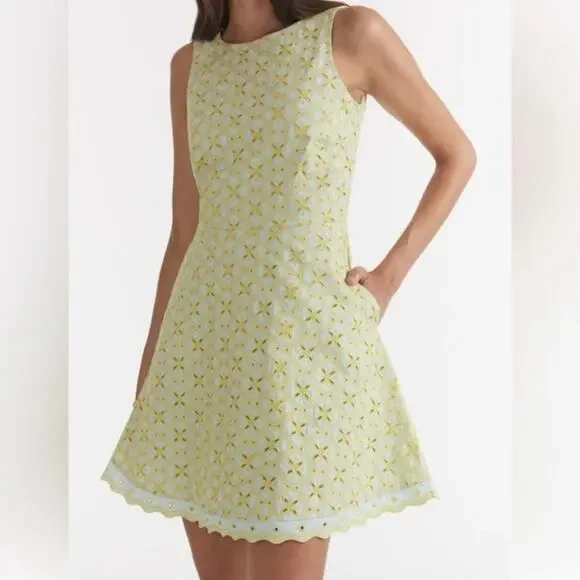 Saloni NWT Jesse Broderie Embroidered Hourglass Cotton Dress in Duckegg Citrine - Picture 2 of 16